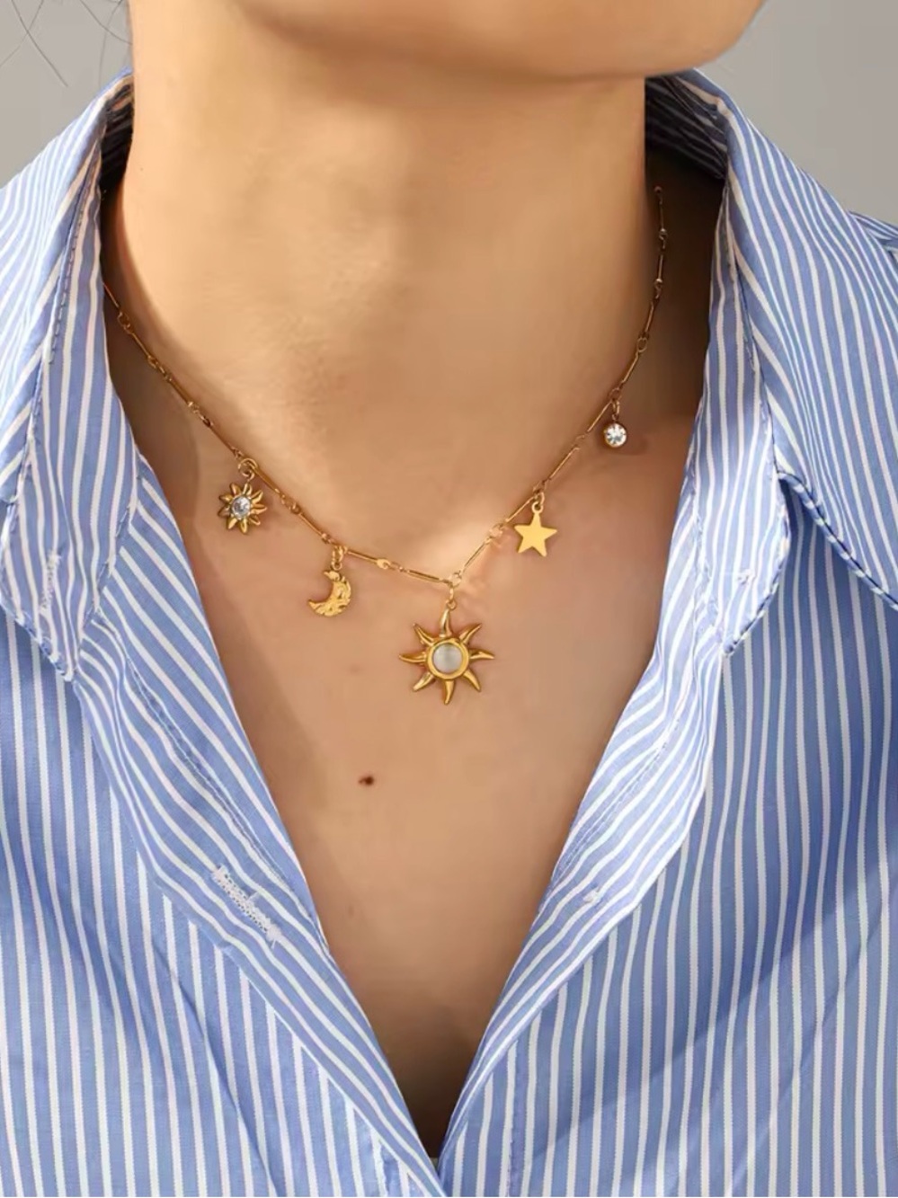 Gold Sun & Celestial Charm Necklace - Hypoallergenic and Waterproof - Picture 5 of 7